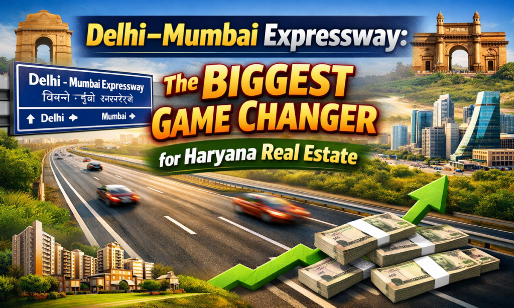 Delhi–Mumbai Expressway with modern vehicles and green surroundings, symbolizing growth and development in Haryana real estate